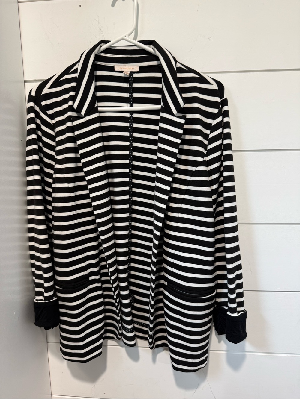 Skies Are Blue Black and White Striped Open-Front Top
